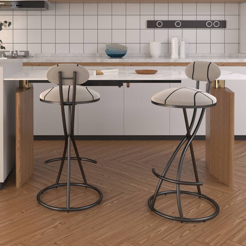 Set of 2 Striped Velvet Bar Stools, Modern Counter Height Upholstered Dining Chairs for Kitchen Island