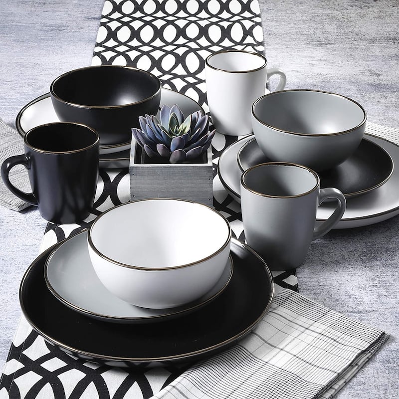 Gibson Home Rockaway Round Stoneware Dinnerware, Service for 4, Grey w/ Gold Rim - 23