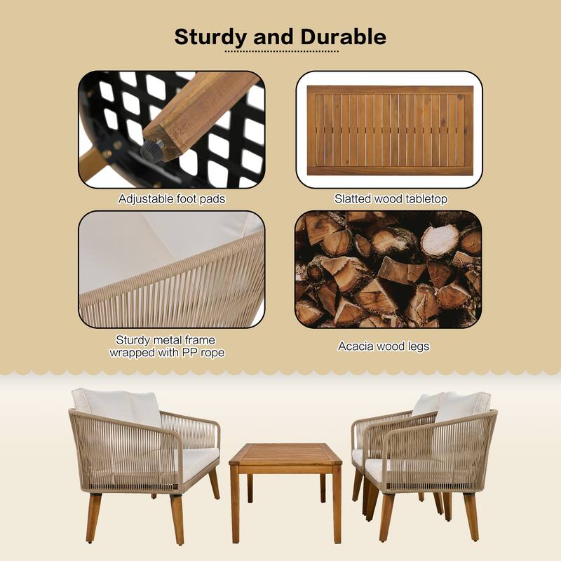4-Piece Outdoor Rope Patio Conversation Set with Loveseat and Acacia Wood Table, Weather-Resistant Cushions and Metal Frame