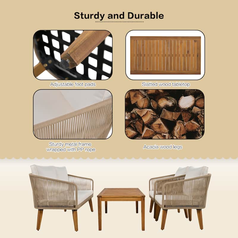 4-Piece Patio Conversation Set, Solid Wood Loveseat, 2 Chairs and Table, Outdoor Conversation Group with Cushions
