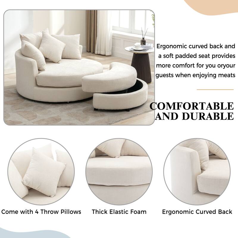 Roomfitters Modern 360° Swivel Barrel Chair with Hidden Storage Ottoman, Chenille Upholstery and Four Pillows