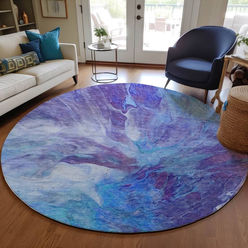 Machine Washable Indoor/ Outdoor Chantille Contemporary Splash Rug - Blue - 8' x 8'