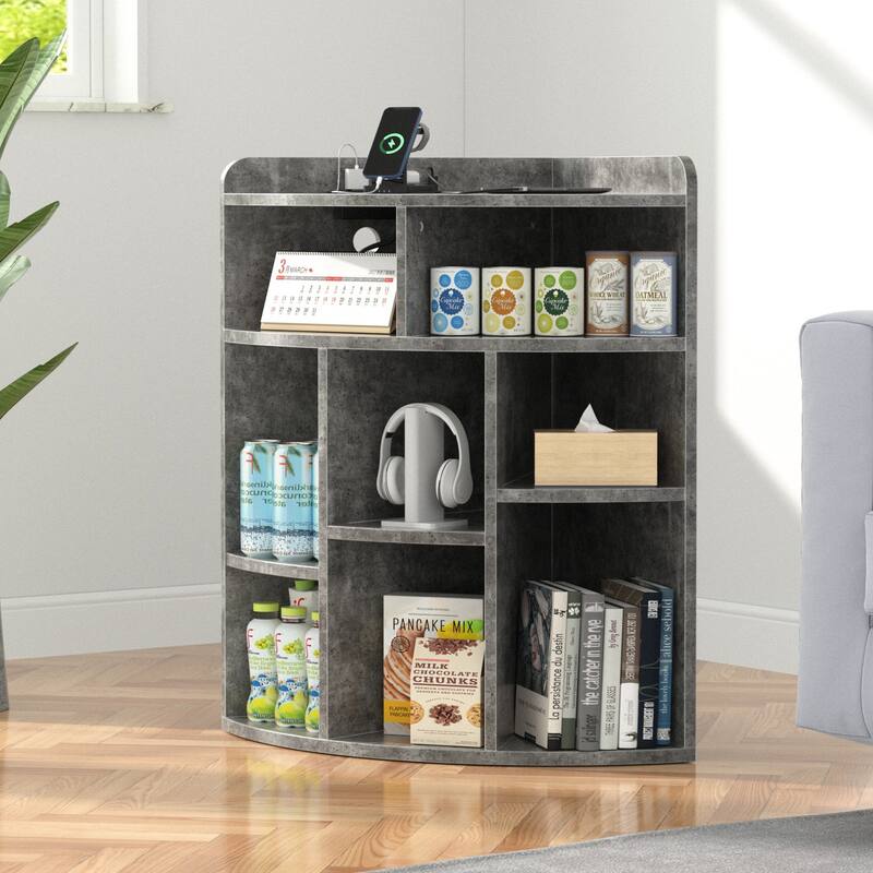 VECELO Corner Cabinet with Charging Station or No Charging Station 3-Tier Bookcase Storage Organizer Triangle Corner Bookcases - With Charging Station - Grey