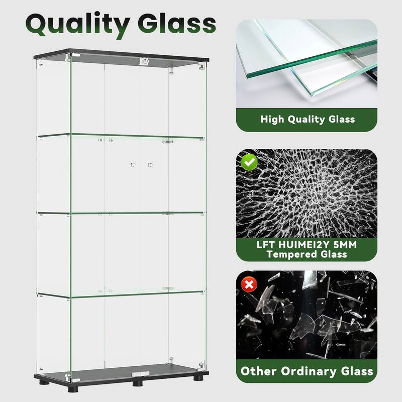 Glass Display Cabinet with 4-Shelf Double Doors and Lock, Curio Cabinet 5mm Tempered Glass Floor Standing Bookshelf - Black
