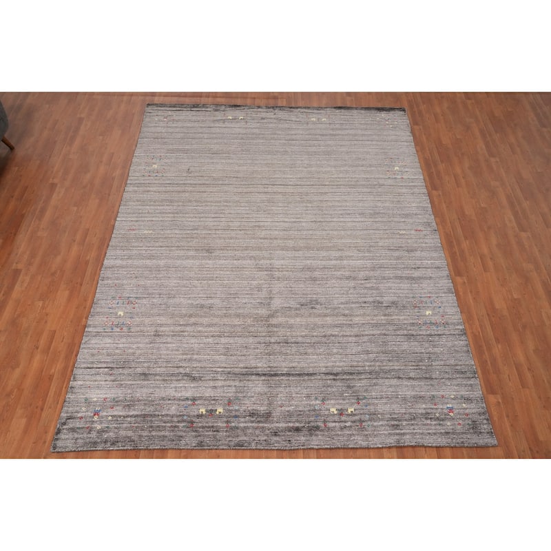 Hand Knotted Oriental Viscose Silk Carpet Tribal Animal Pictorial Greys & Charcoal Gabbeh Area Rug - 12' 0'' X 9' 0''