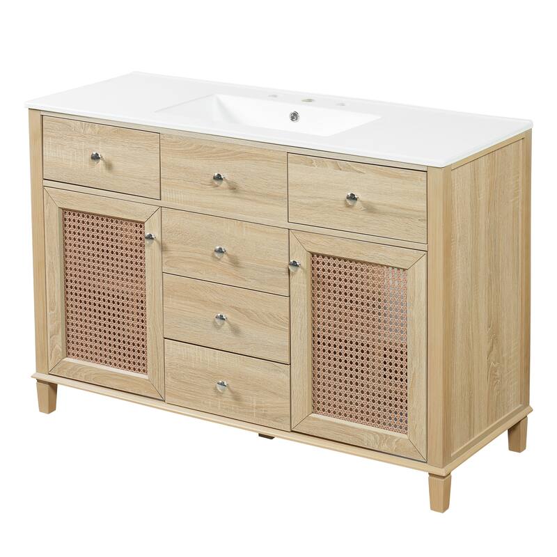 Christopher Knight Home - Modern Handwoven Rattan Bathroom Vanity with Ceramic Sink, Soft-Close Storages & Adjustable Shelving