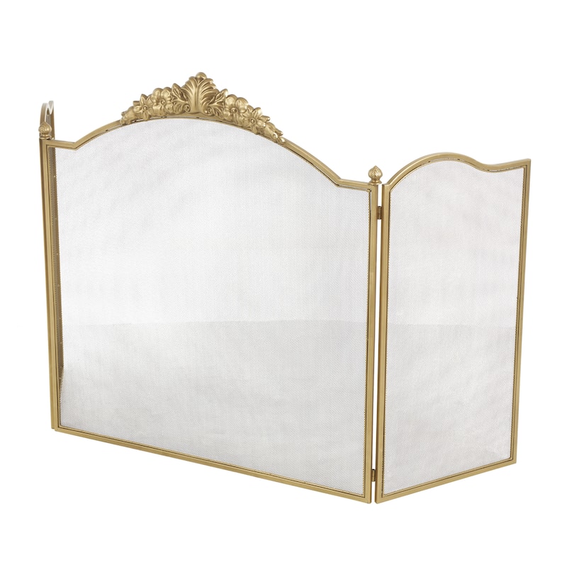 Metal Floral Ornate Antique Arched 3 Panel Fireplace Screen with Finial Accents - Gold - Roche River Decor