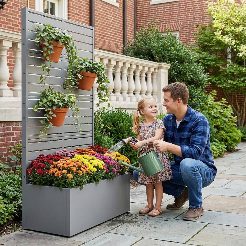 Galvanized Planter Box with Trellis & Privacy Screen