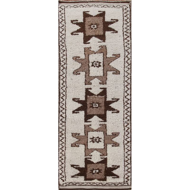 Natural Dye Beige Tribal Anatolian Runner Rug Hand-knotted Wool Carpet - 3'2"x 10'9"