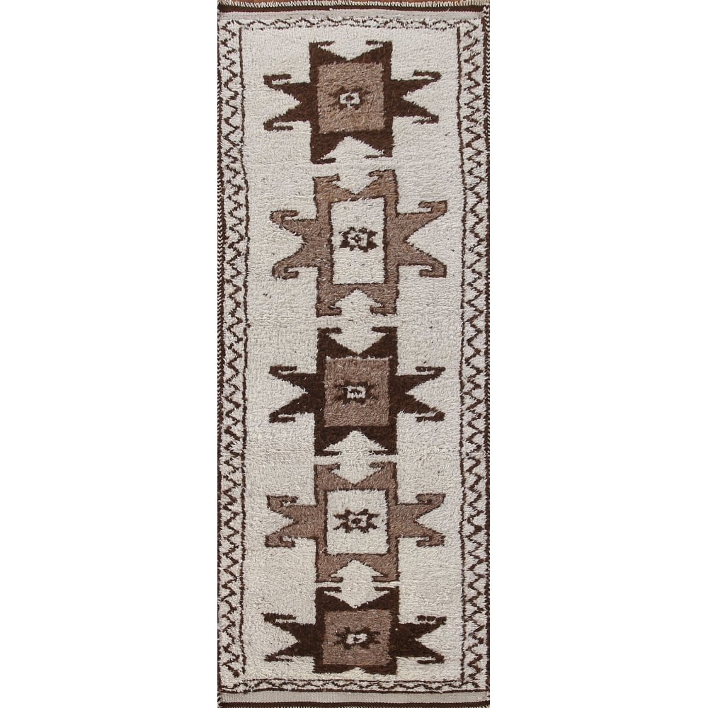 Natural Dye Beige Tribal Anatolian Runner Rug Hand-knotted Wool Carpet - 3'2"x 10'9"