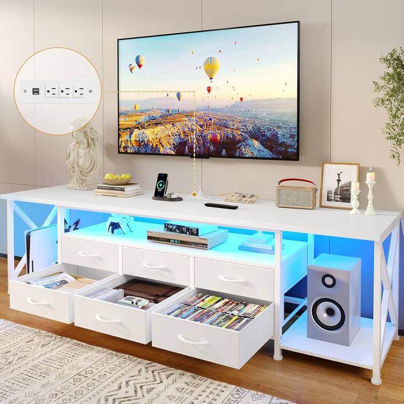 TV Stand with LED Lights Power Outlets Dresser Fabric Drawers Entertainment Center - White - 71"