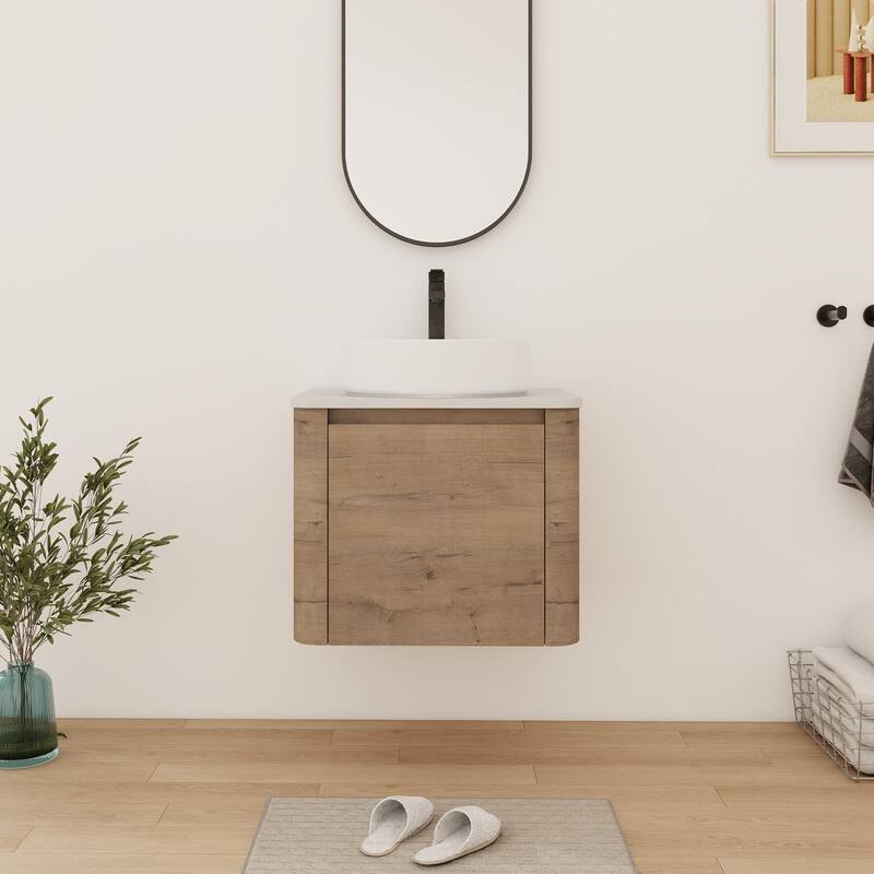 Bathroom Vanity With Sink In 24/30 Inch, Floating Bathroom Vanity With Soft Close Door - 23.6''W×18.6''D×24.4''H - Imitative Oak-Glossy White Sink