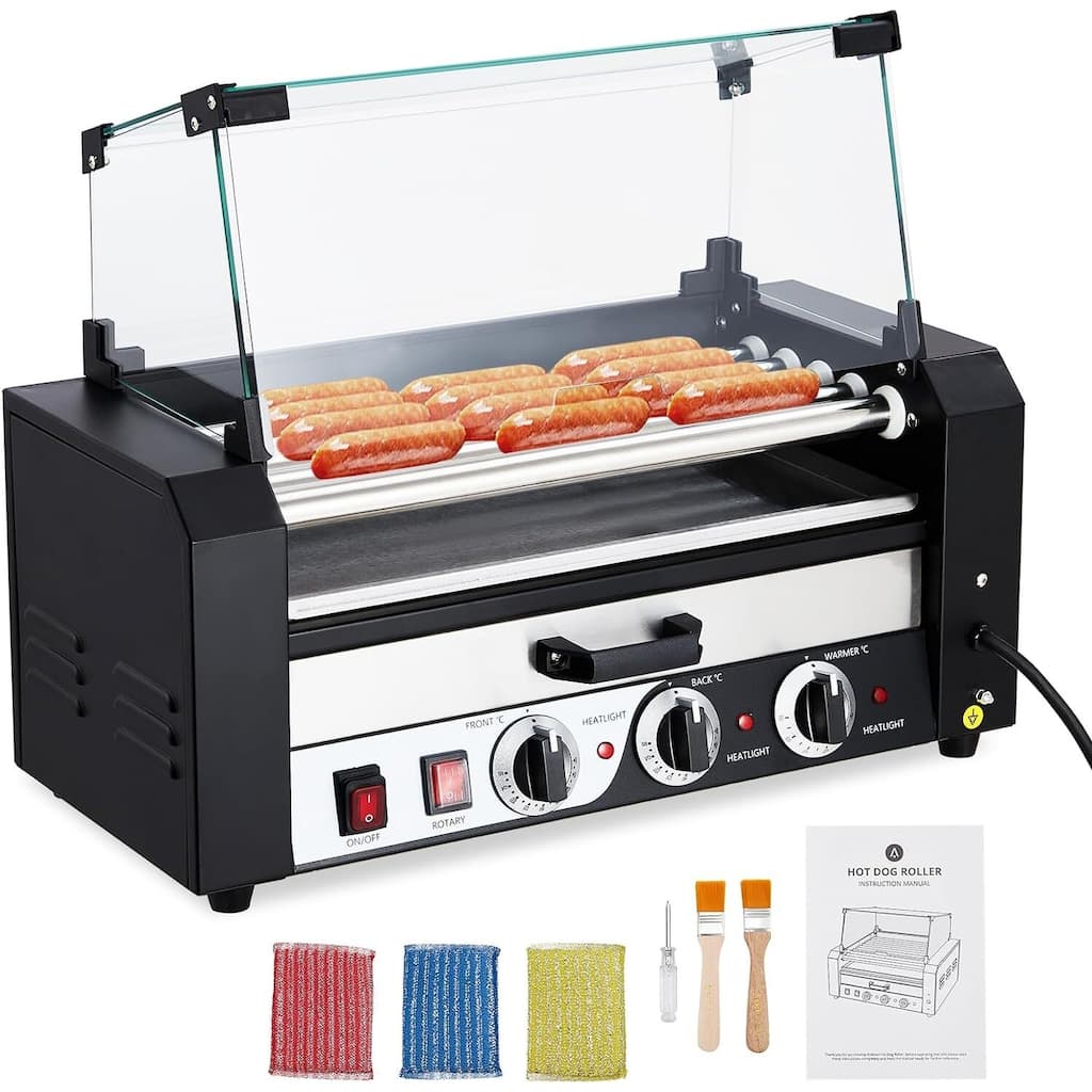 Hot Dog Roller with Warming Drawer, Stainless Steel Sausage Grill
