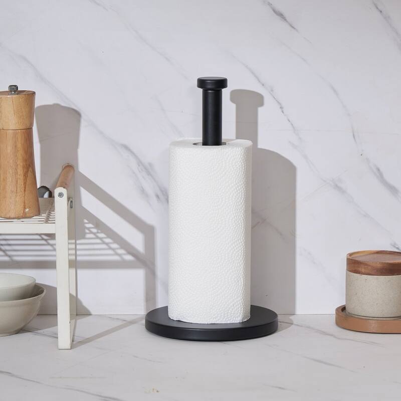 Black Stainless Steel Paper Towel Holder for Countertop with Suction Cups and Weighted Base - 6.7” x 6.7” x 12.6”