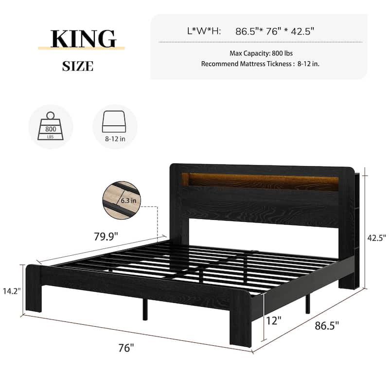 King Size Metal Platform Bed with LED Headboard and 2 USB Charging Ports, Storage