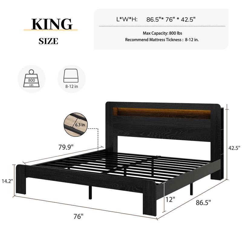 King Size Wood Platform Bed Frame with Storage Headboard, USB Ports, and Under-Bed Storage, Dark Black