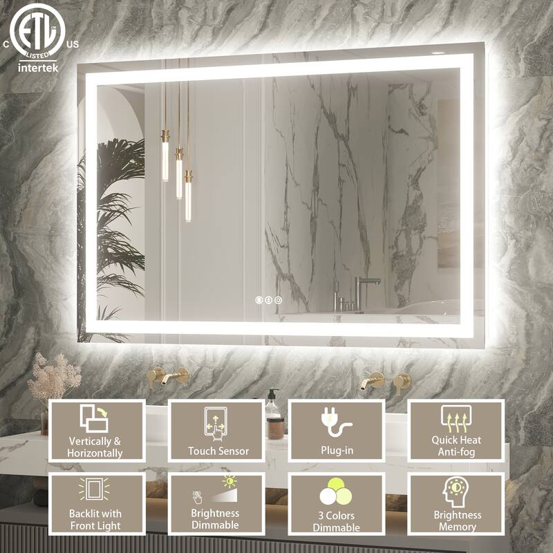 Large Rectangular Frameless Anti-Fog LED Light Wall Mounted Bathroom Vanity Mirror in White - N/A