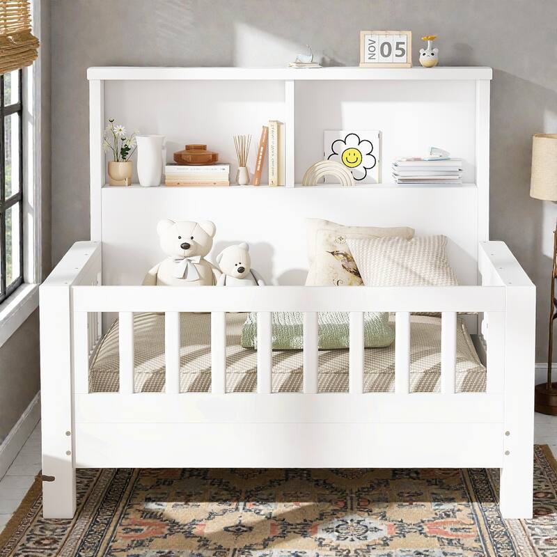Twin Platform Bed with Storage Headboard, Safety Guardrails and Pull-Out Convertible Sofa/Playpen Design