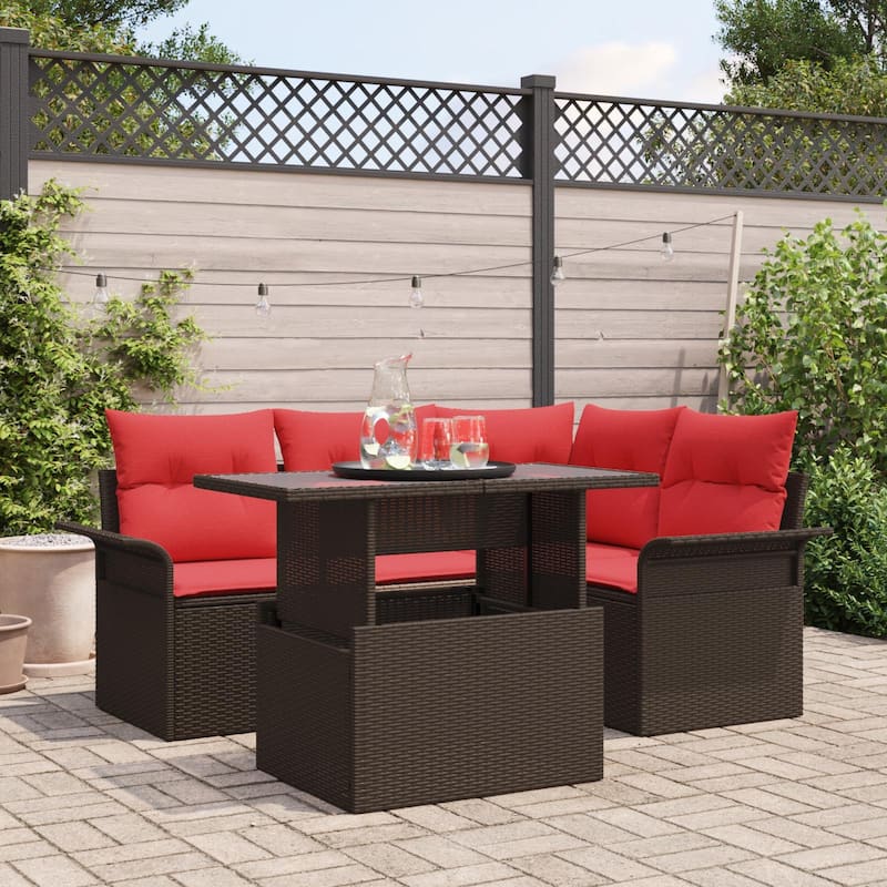 vidaXL 5 Garden Sofa Set with Cushions Brown/Grey Poly Rattan - 73.8 x 52.2 x 27.2 - Brown