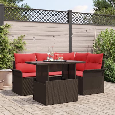 vidaXL 5 Garden Sofa Set with Cushions Brown/Grey Poly Rattan - 73.8 x 52.2 x 27.2