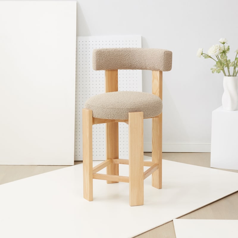 SAFAVIEH Couture Saralisa Boucle And Wood 24-inch Counter Stool - 22"W x 20"D x 34"H - Brown/Natural