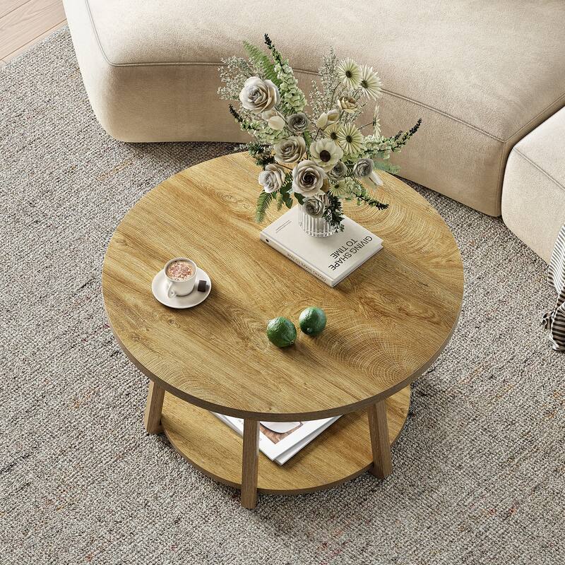 2-Tier Round Coffee Table with Storage, Wood Center Table, Side Table for Living Room, Bedroom