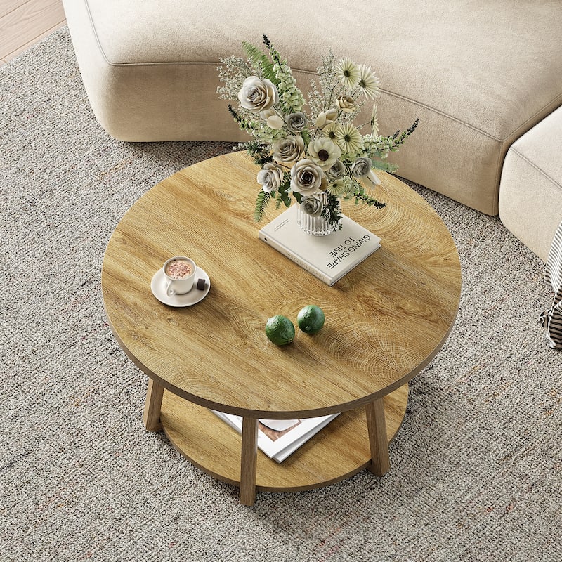 Round Coffee Table, 2-Tier Center Table with Storage, Wooden Legs