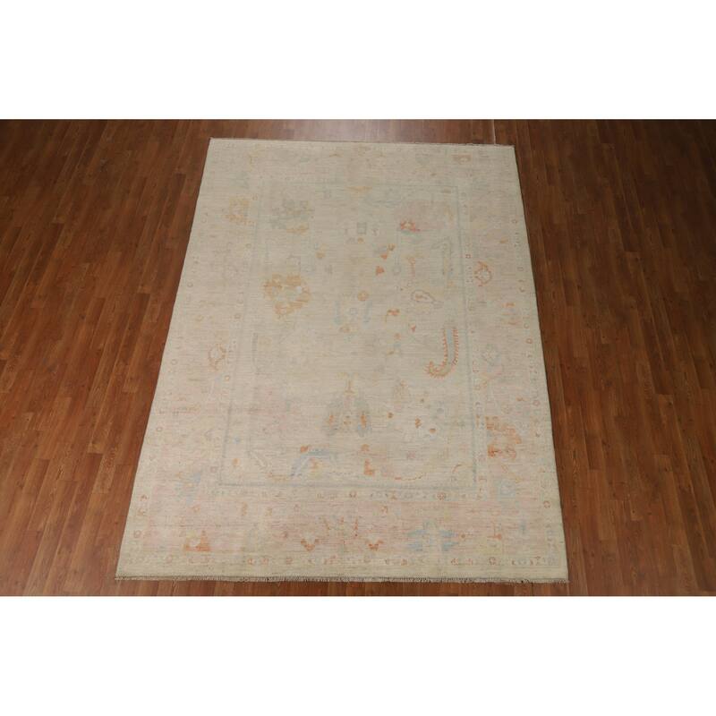 Oushak Turkish Area Rug Vegetable Dye Hand-Knotted Wool Carpet - 6'11"x 9'7"