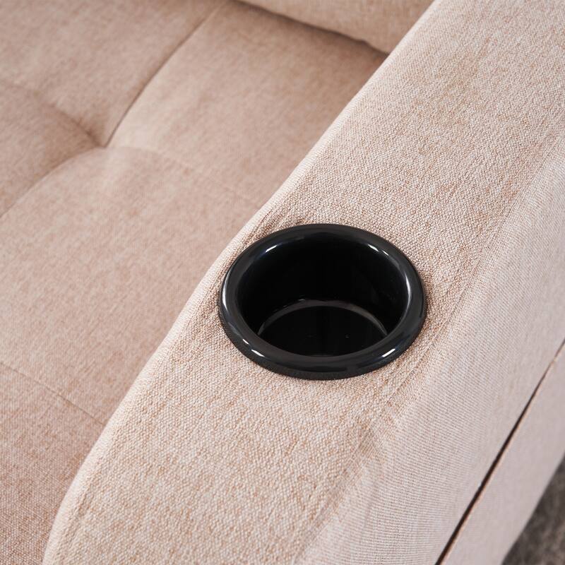 Beige Upholstered Armchair and Storage Ottoman Set with Cup Holders and Tufted Detailing