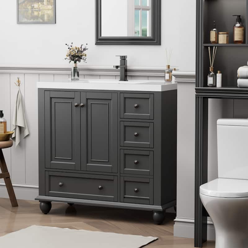 Retro Bathroom Vanity Cabinet Solid Wood Classic with Ceramic Sink