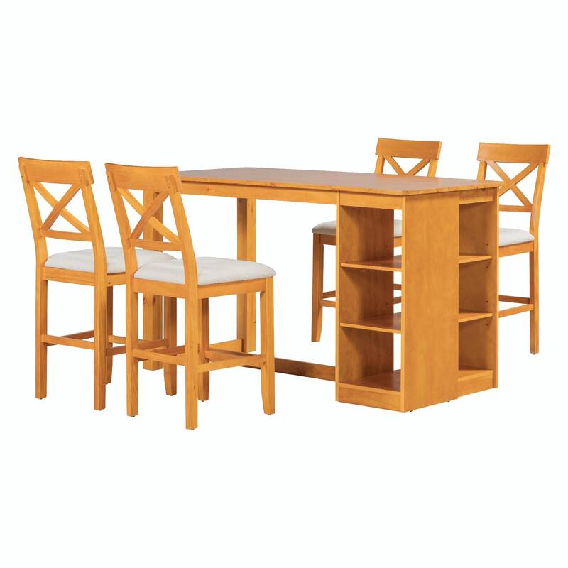 60"L x 30"W Solid Wood Farmhouse Counter Height Dining Table Set with 3-Tier Storage Shelves
