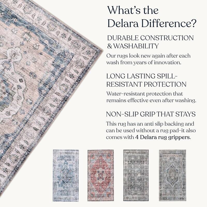 Delara Machine Washable Area Rug, Soft & Durable, Non-Slip Backing, Eco- Friendly GRS certified.