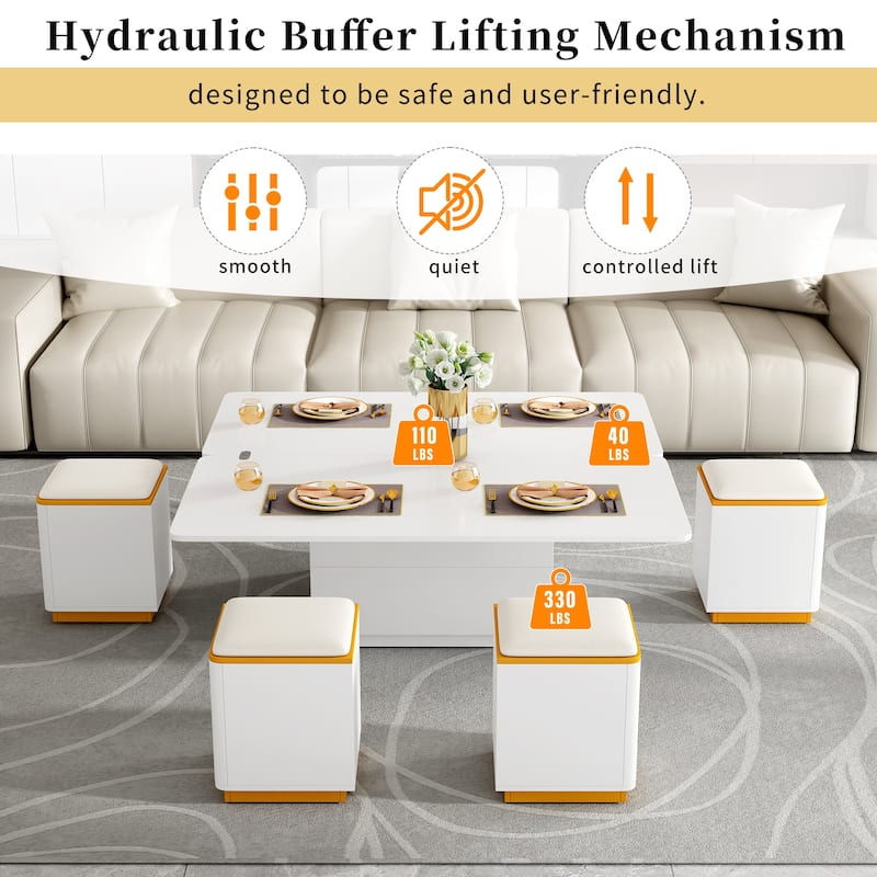 Lift-Top Coffee Table with 4 Storage Stools, Center Table with Foldable Top, Multi-Functional Adjustable Coffee Table