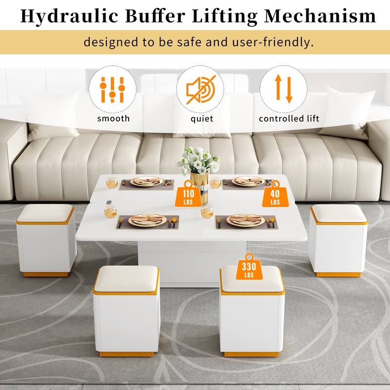 Lift-Top Coffee Table with 4 Storage Stools, Space Saving Center Table w/ Foldable Top, Multi-Functional Adjustable Coffee Table