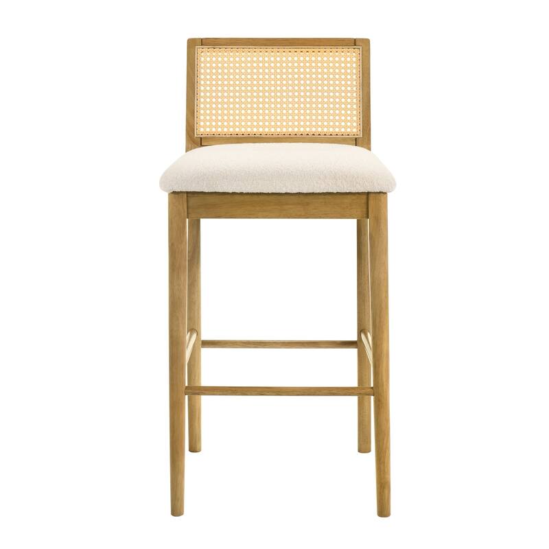 Tobias Rattan and Wood Bar Stool, Counter Height Kitchen Stool with White Boucle Fabric Upholstered Seat