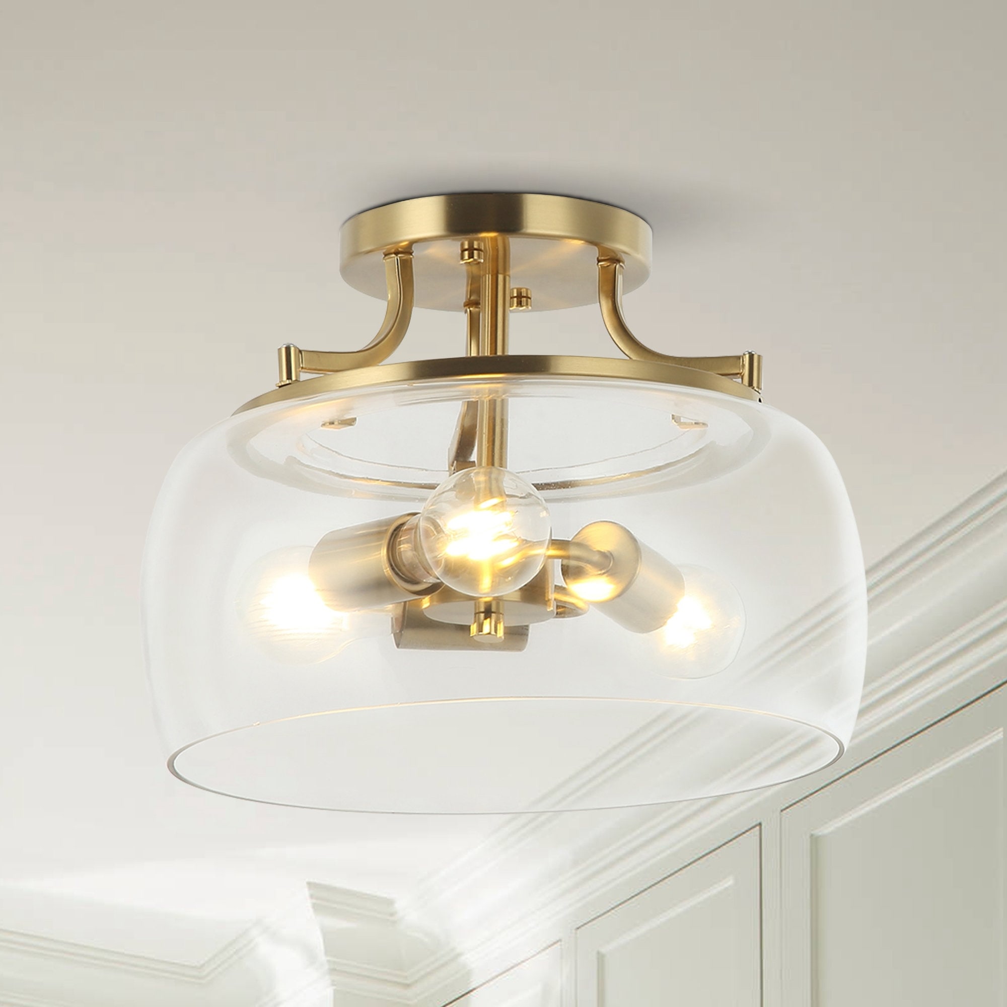 13.3" Gold 3-Light Modern Glass Semi Flush Mount Lamp Ceiling Light