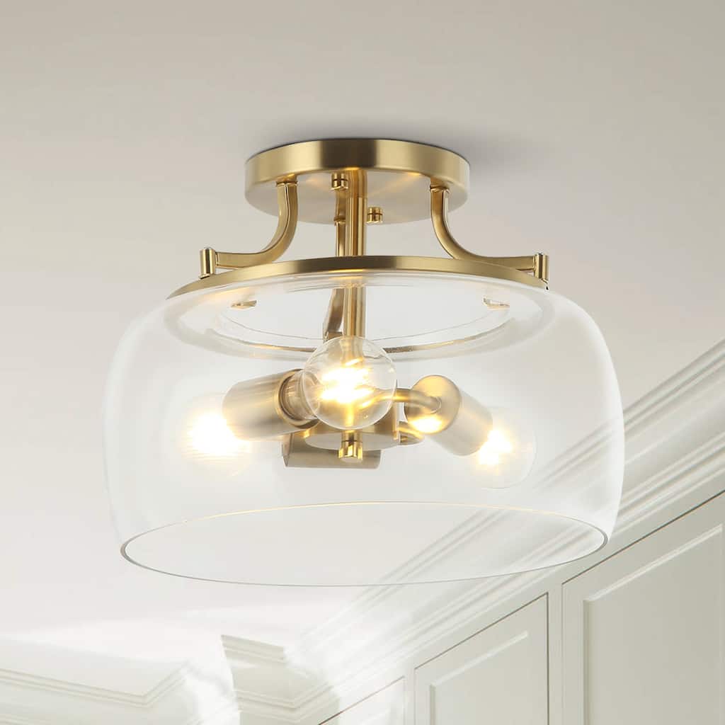 13.3" Gold 3-Light Modern Glass Semi Flush Mount Lamp Ceiling Light
