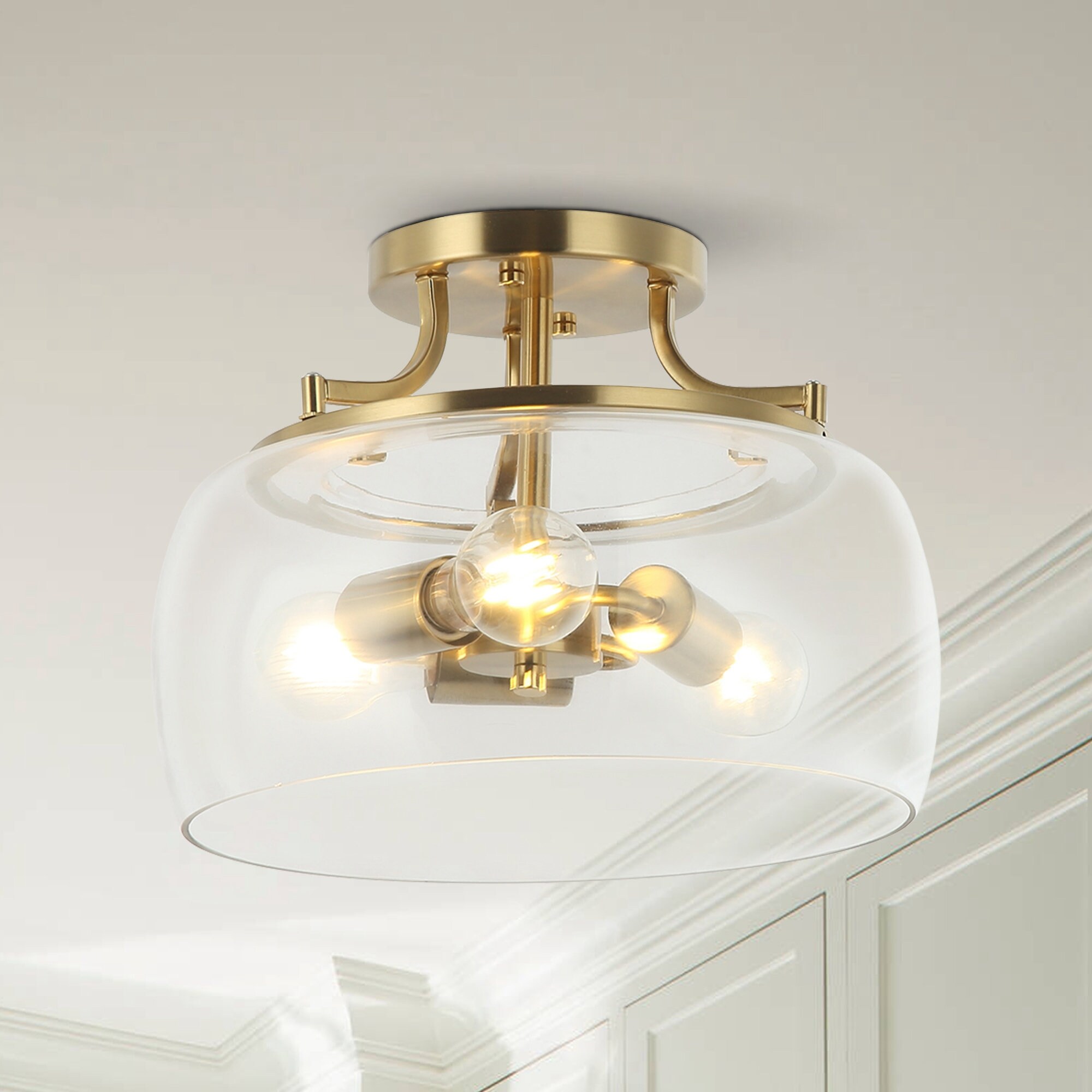 Farmhouse Matte Black 3-Light Semi Flush Mount Ceiling Light with Gold Leaf
