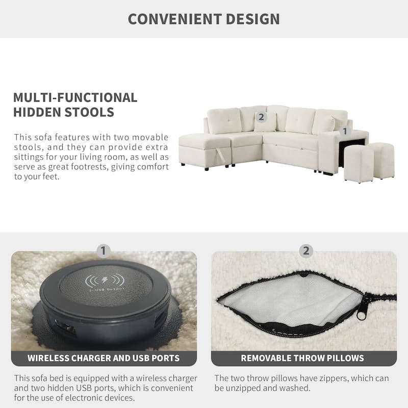 Roomfitters Convertible Sleeper Sectional Sofa Bed with Storage Ottoman, Two Throw Pillows, Two Stools, Wireless Charger