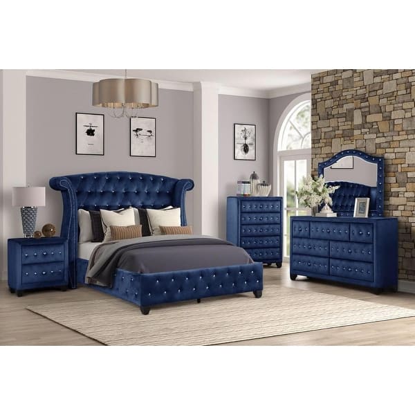 bedroom with blue dresser Modern 5Pc King Size Bed Dresser Mirror Nightstand Set Master Bedroom Furniture Blue Velvet