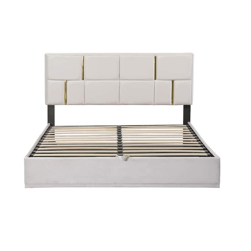 Gold Striped Lattice Headboard Bed Frame, Lift Up Storage Platform Bed, Under-Bed Storage Space Low Profile Bed, Wood Panel Bed