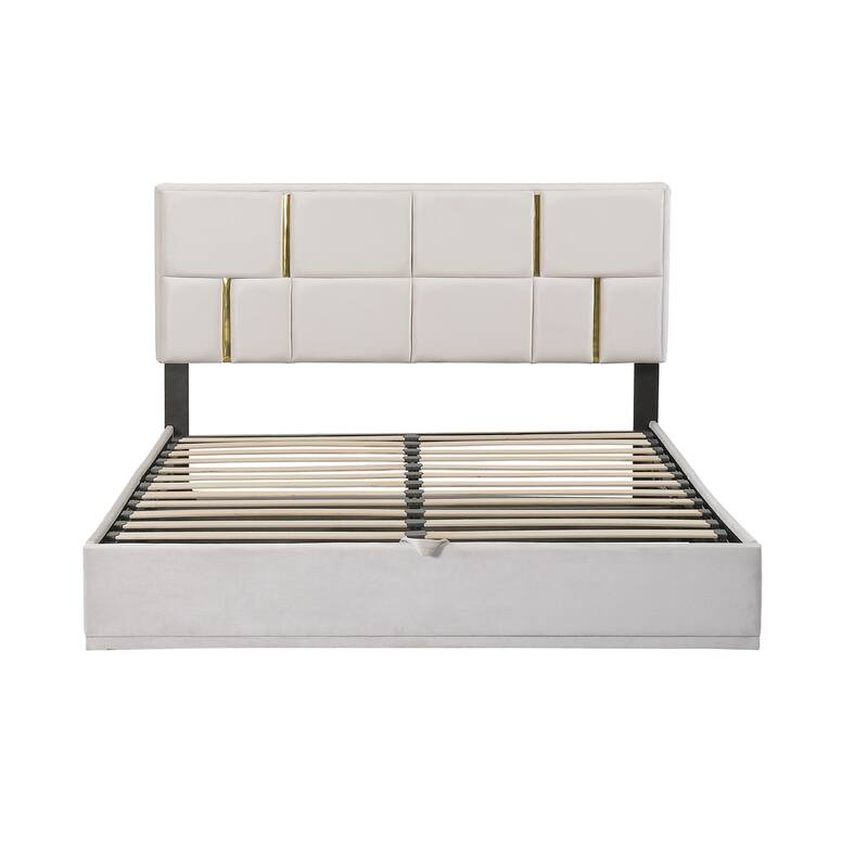 Queen Size Upholstered Platform Bed with Hydraulic Storage, No Box Spring Needed, Beige