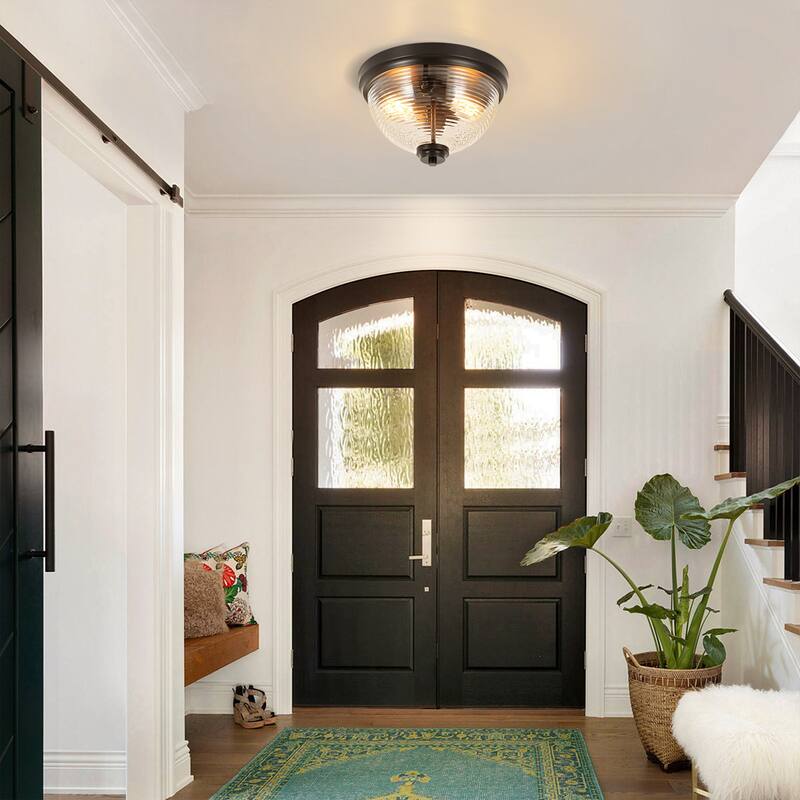 11.8 in. 2-Light Modern Matte Black Dome Flush Mount Ceiling Light with Clear Ribbed Glass Shade for Bedroom