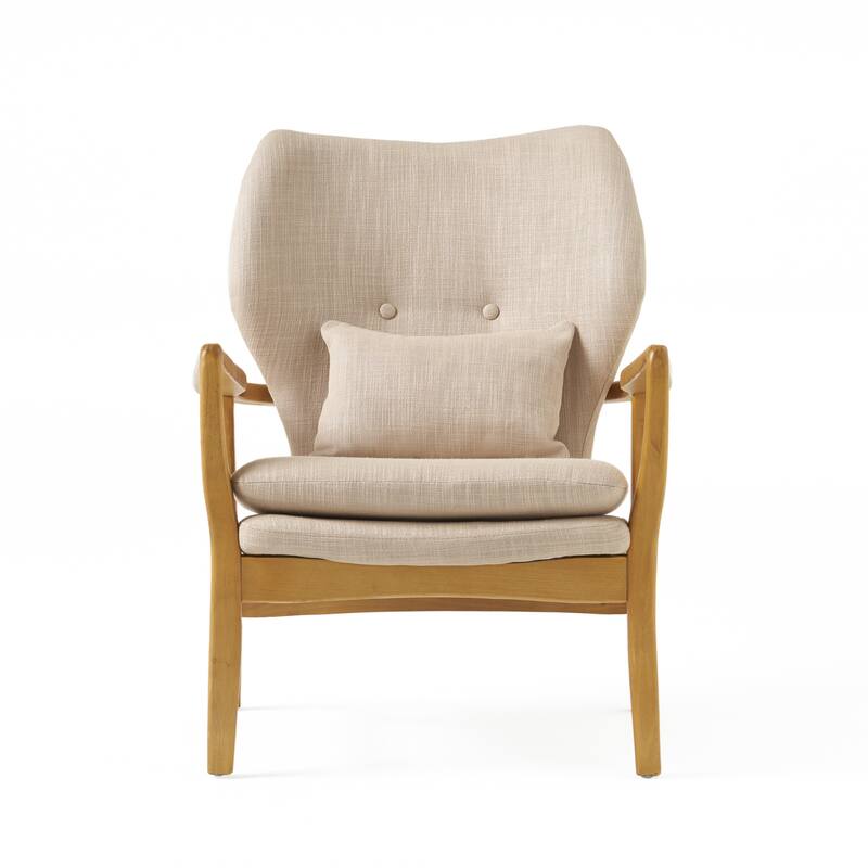 Roomfitters Mid-Century Modern Upholstered Club Chair with Button-Tufted Back and Birch Wood Legs, Beige