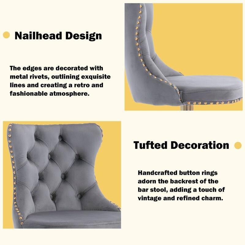 Velvet Upholstered Nailheads Tufted Swivel Bar Stools (Set of 2)