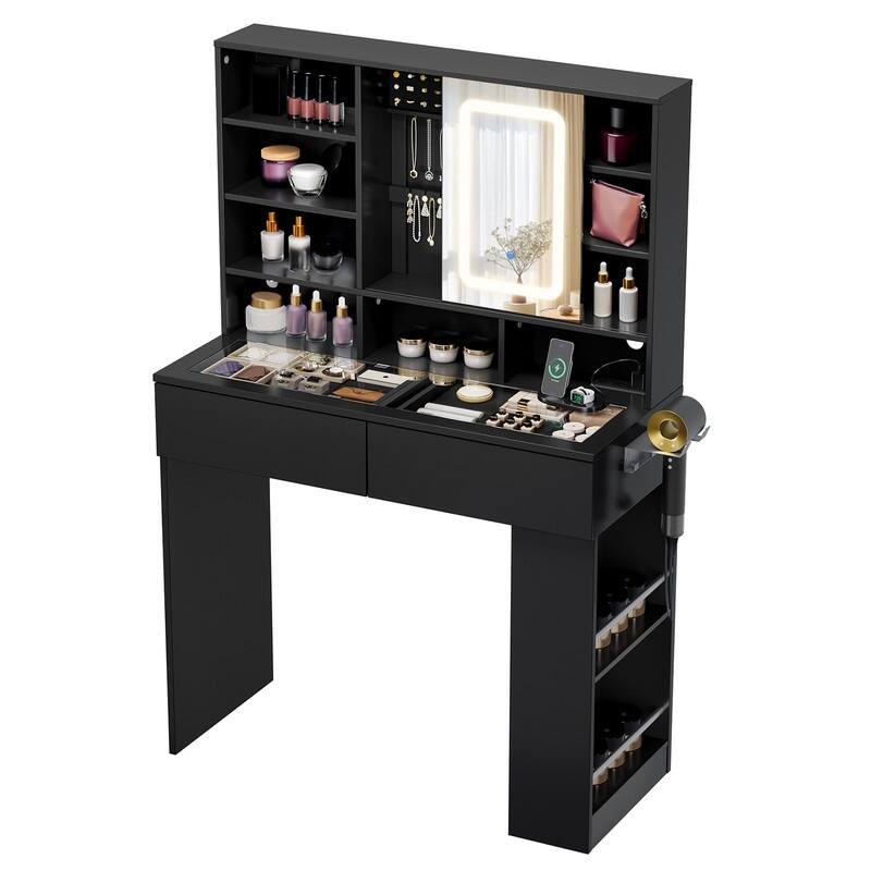 Particle Board Veneered, 2-drawer 3-compartment Left-right 3-tier Shelf, Glass Tabletop, Side Panel Storage Style Dressing Table