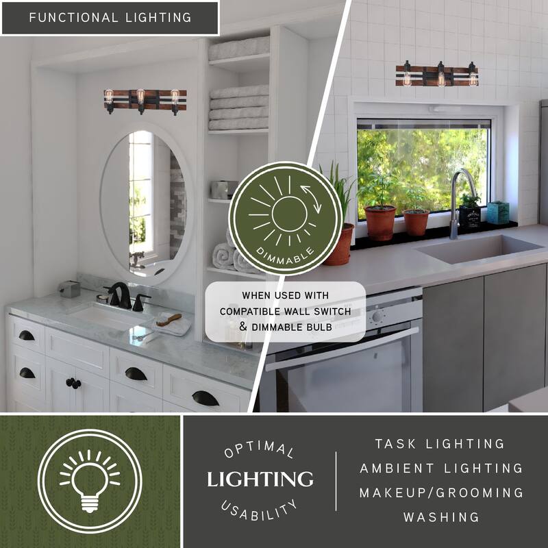 Carrington Black and Solid Wood Walnut Finish Slat Farmhouse Bathroom Vanity Light Fixture - 23.75-in W x 6.5-in H x 5.25-in D