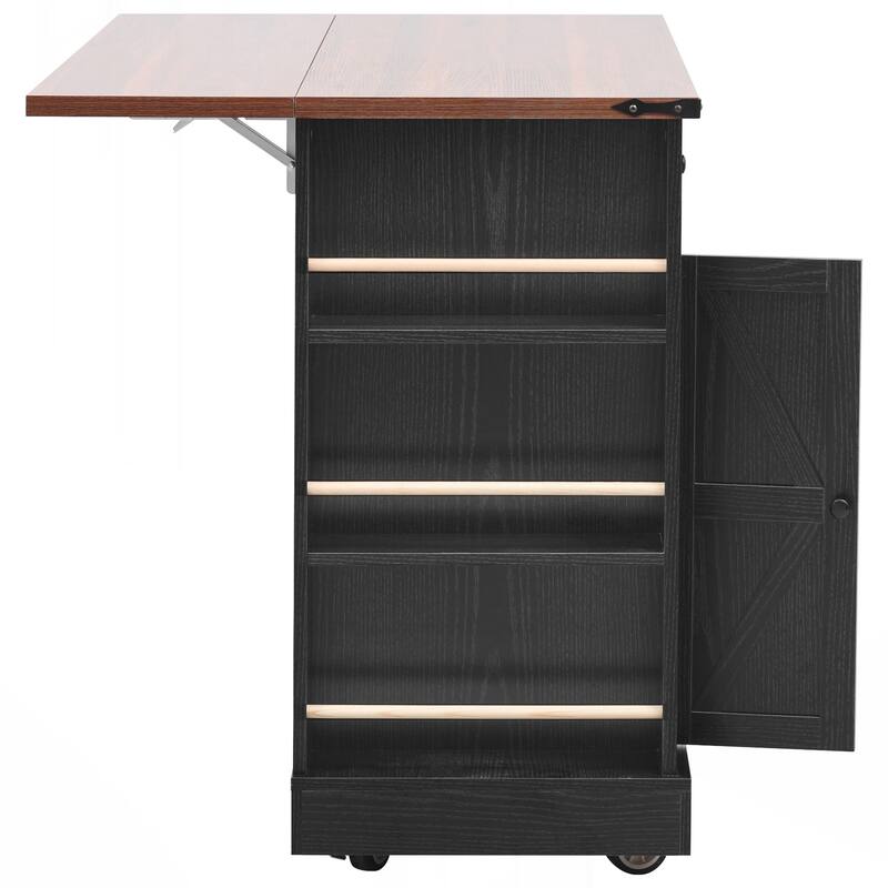 Kitchen Island with Two Tempered Glass Cabinet Doors, Power Outlet, Rolling Kitchen Cart on Wheels with Drop Leaf