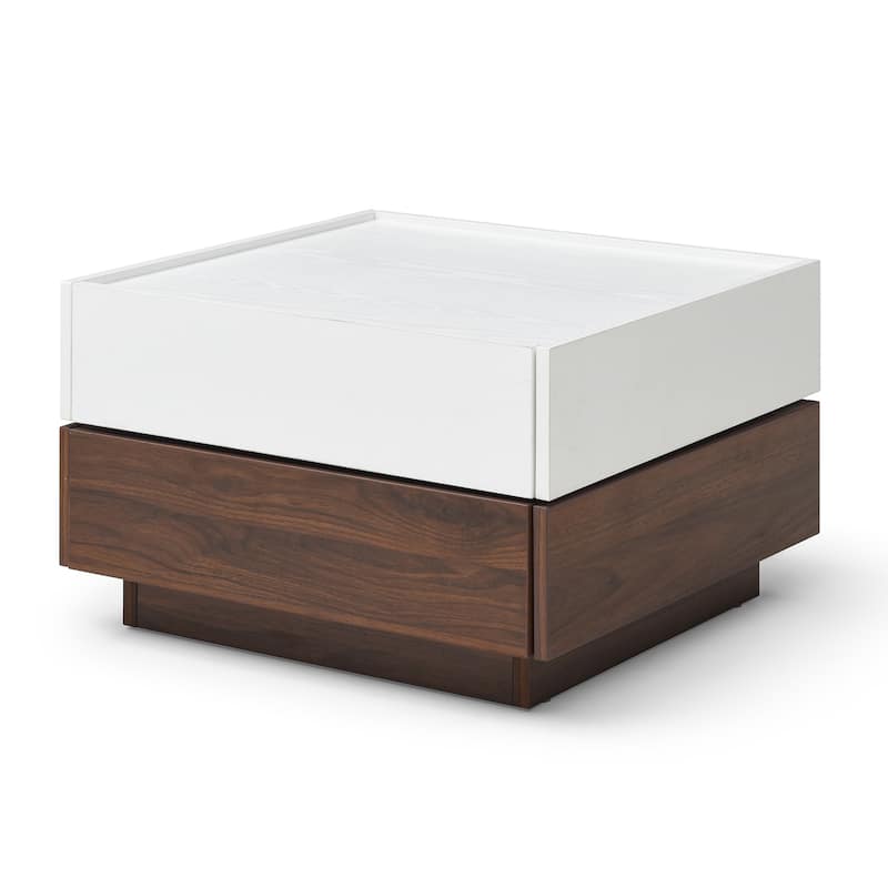 Modern Rotating Coffee Table with Two Hidden Storage Compartments and Two Drawers - White+Walnut
