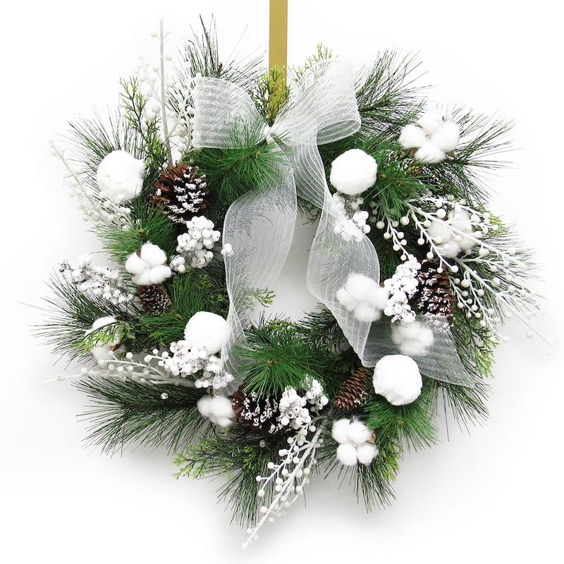 Artificial Frosty Cotton Berry Pine Cone & Pine Christmas Wreath 24in - 24" L x 24" W x 6" DP